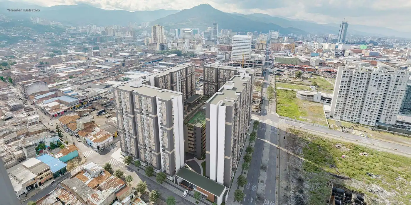 Vista aérea del proyecto Amara en Cali, integrado a la renovación urbana con proyectos de vivienda en Cali que transforman el centro de la ciudad
