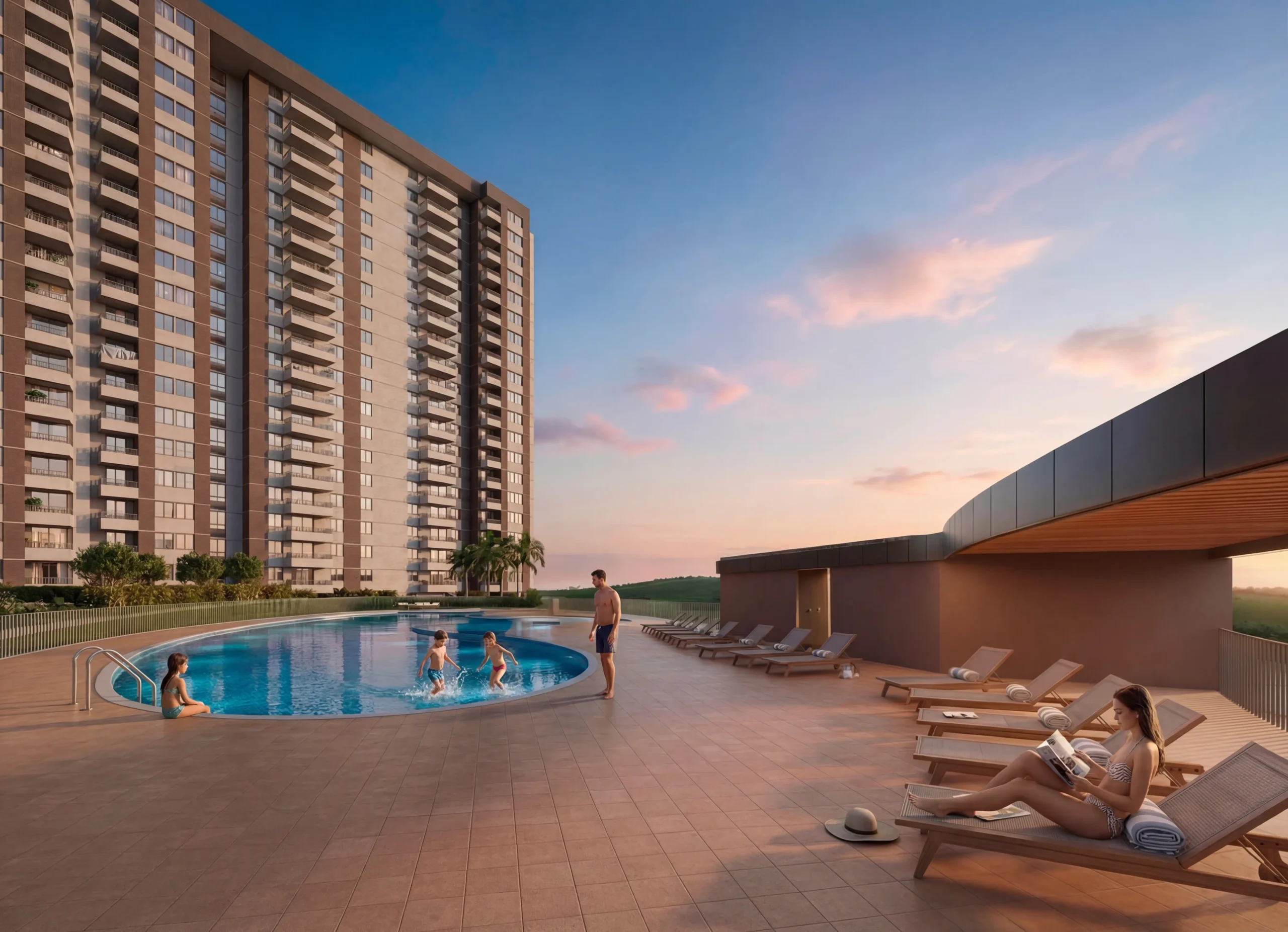 Vista expandida de la piscina de Nantia apartamentos en Barranquilla. Piscina para adultos y niños junto al área de descanso
