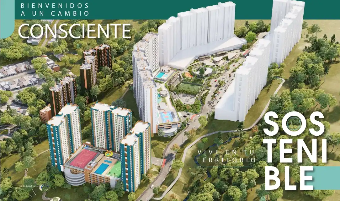 panorámica aérea de proyecto de vivienda en Bello Antioquia, proyecto sostenible de Conaltura